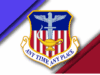 1st Special Operations Wing shield in rectangle graphic with blue upper left corner and red lower right corner on a background of whte.