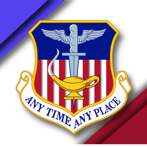 1st Special Operations Wing shield in rectangle graphic with blue upper left corner and red lower right corner on a background of whte.