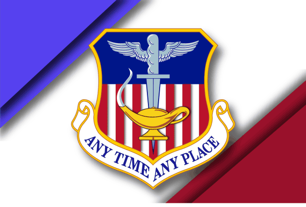 1st Special Operations Wing shield in rectangle graphic with blue upper left corner and red lower right corner on a background of whte.