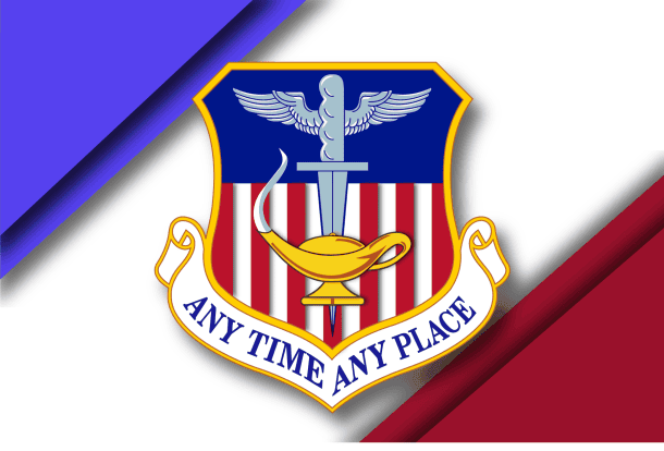 1st Special Operations Wing shield in rectangle graphic with blue upper left corner and red lower right corner on a background of whte.